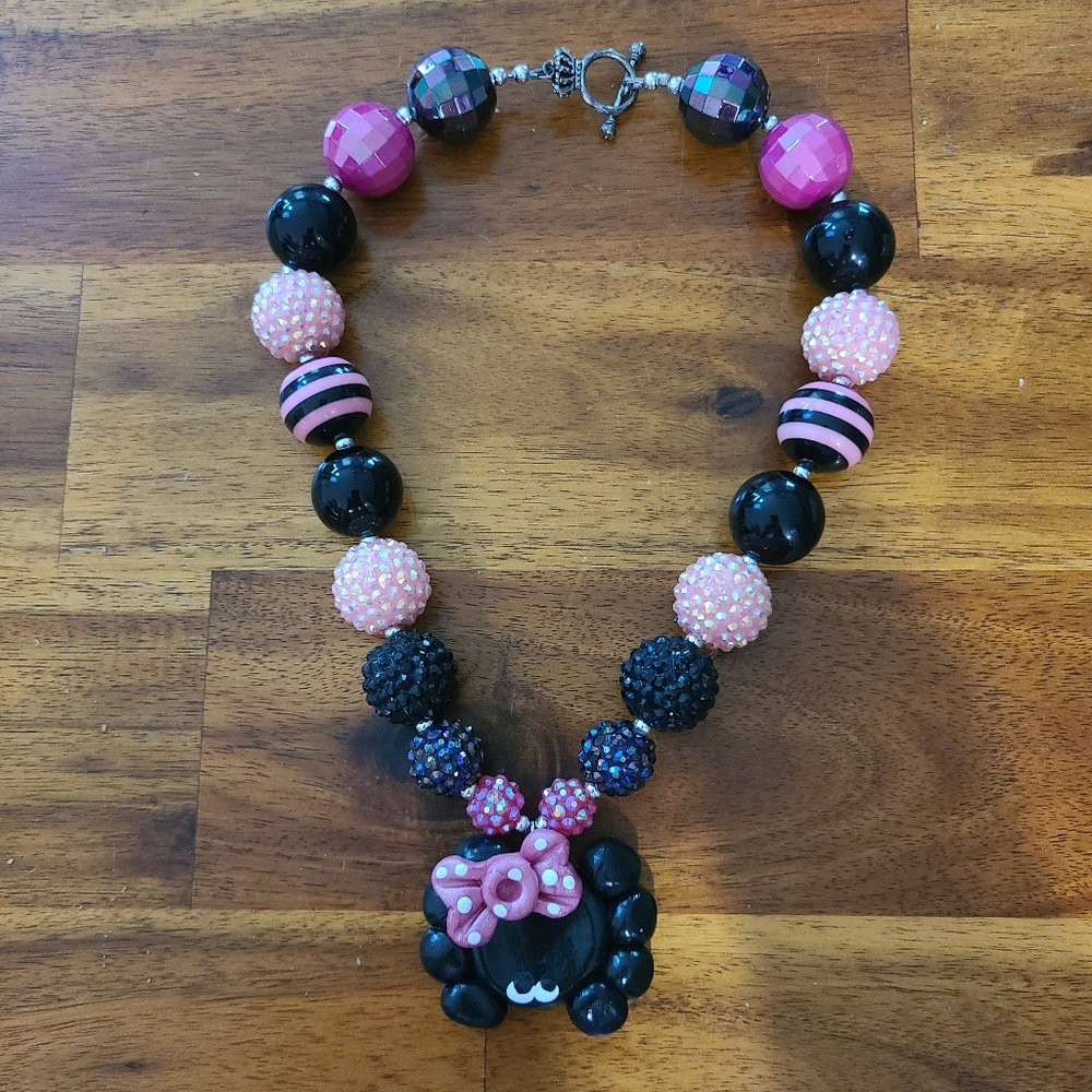 Black & Pink Spider Halloween Chunky Bubblegum Necklace - Kids Costume Jewelry
